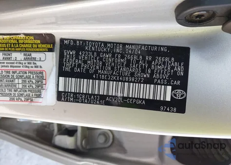 2004 Toyota Camry Xle z USA, uszkodzony, nr VIN 4T1BE32KX4U898272